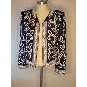 Vintage Judith Ann Plus Beaded Silk Jacket in Navy White & Gold Size M